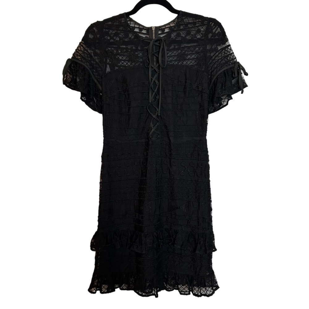 Parker Short Sleeve Lace & Lace Up Front Tiered Ruffled BLACK Lined Midi Dress - Picture 2 of 16